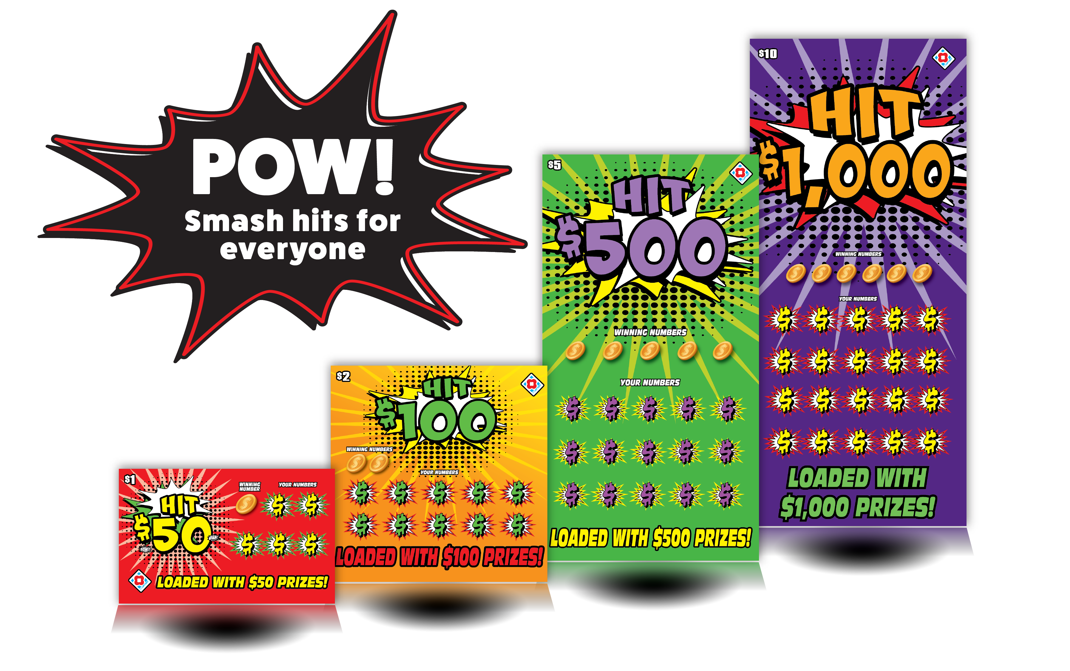 set of HIT lottery scratchers in various colors