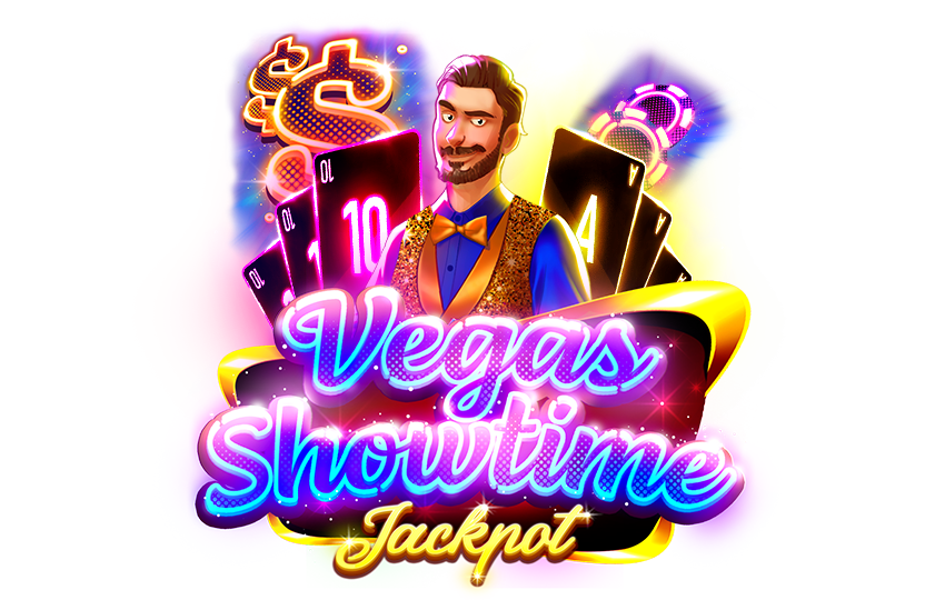Image of man and text "Vegas Showtime Jackpot"
