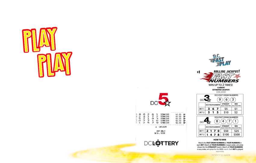 Promo Graphic with DC 5 Lottery Fast Play Ticket and "Play Fast, Play FREE!"