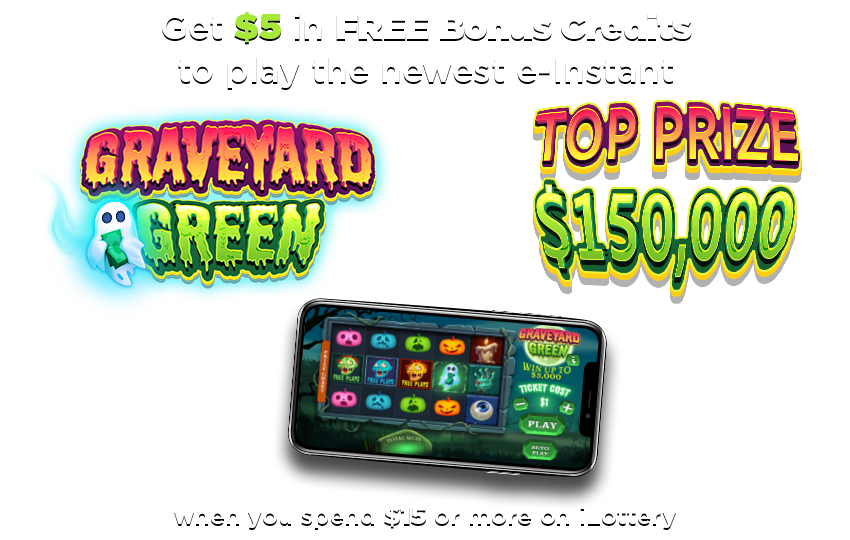 DC Lottery Game graphic reading Graveyard Green top prize $150,000 and an image of a casino play screen