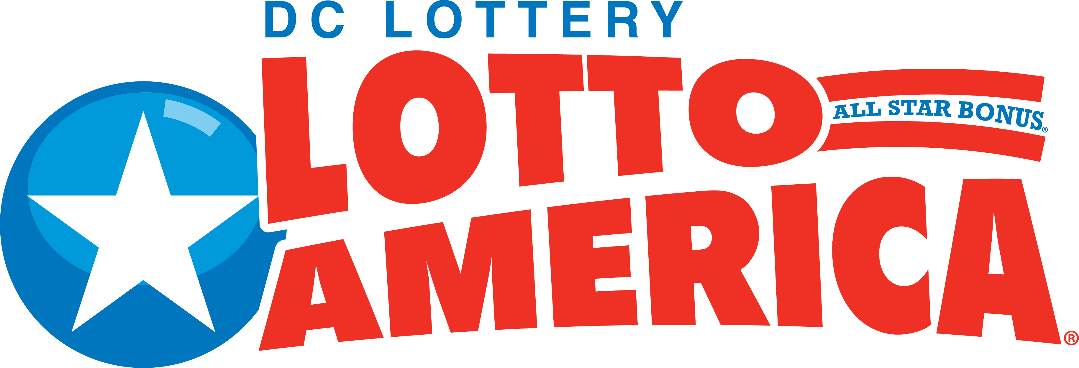 Lotto America logo. Blue circle contain a white star. Text is DC Lottery, Lotto America, All Start Bonus