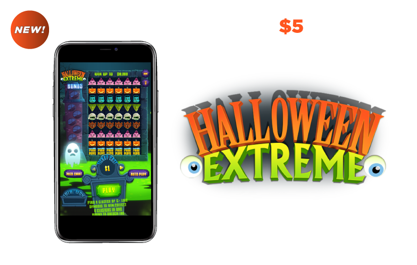 DC iLottery e-Instant game Halloween extreme shown on mobile device beside standing promotional text.