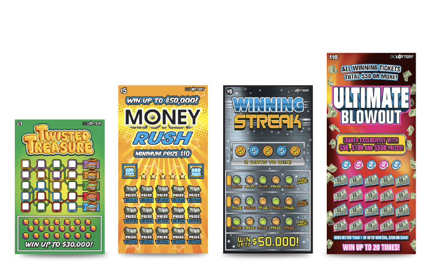 Four DC Lottery scratchers shown standing 
