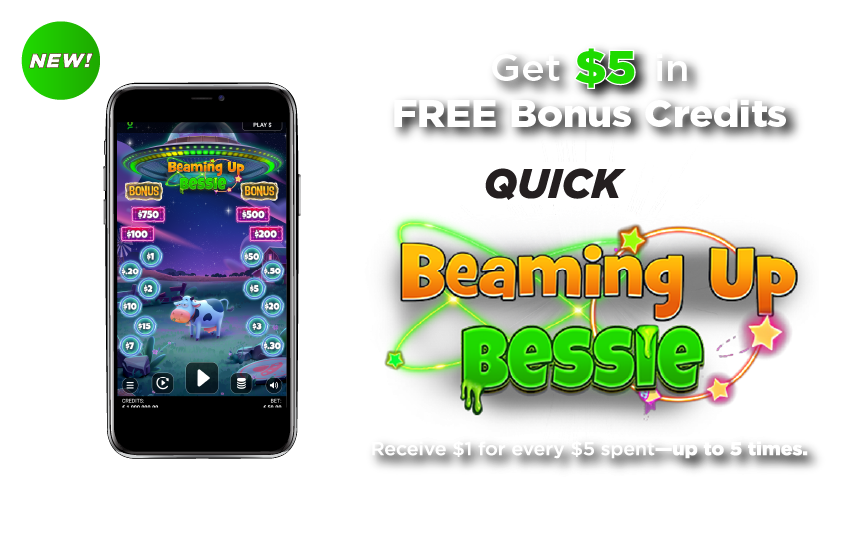 DC iLottery e-Instant game, Beaming Bessie shown on mobile device standing next to promo text, Get $5 in FREE Bonus Credits.