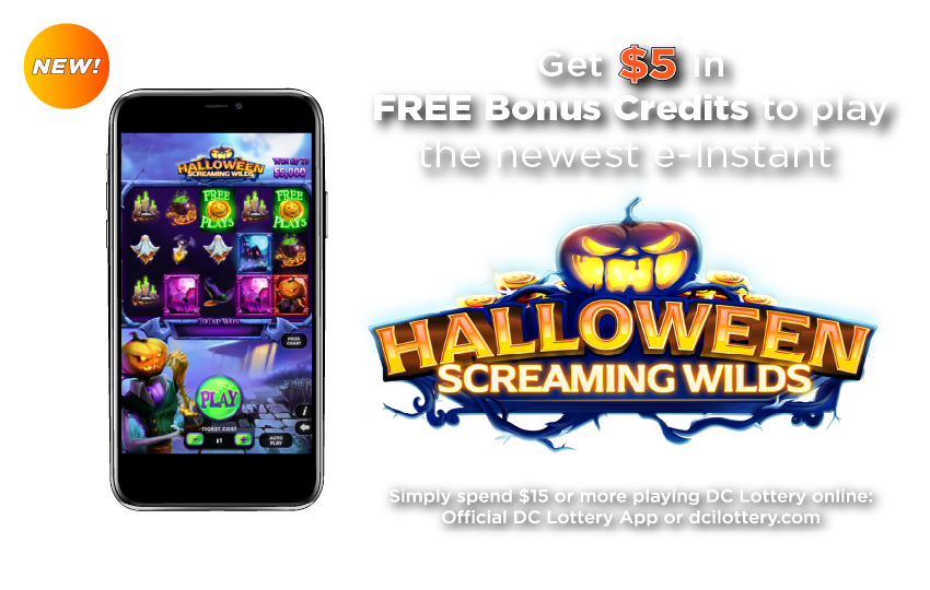 DC iLottery e-Instant game, Halloween Screaming Wilds shown on mobile device with promotional text