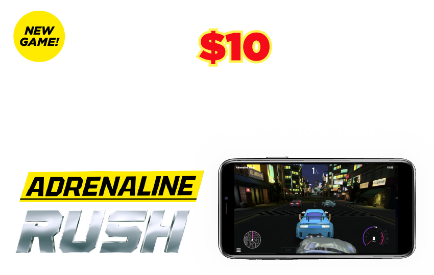 DC iLottery e-Instant Adrenaline Rush shown on mobile device with promotional text. 