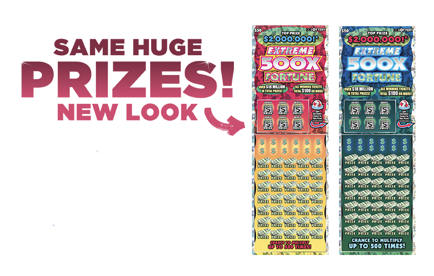 DC Lottery Scratchers, Extreme 500X Fortune, shown in blue and pink