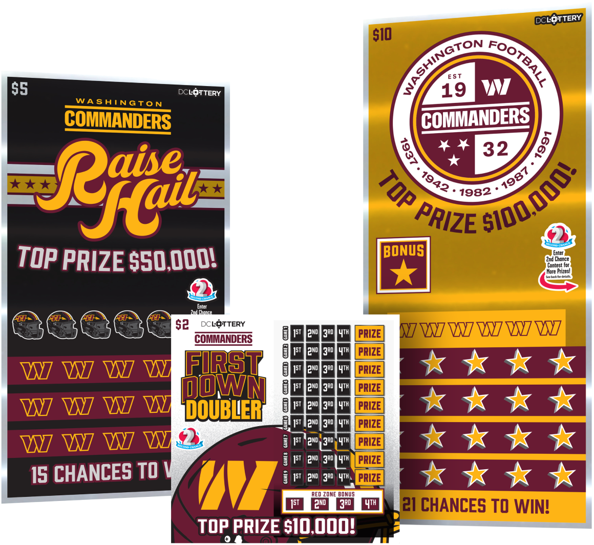 Raise Hail, First Down Doubler, and Washington Commanders Scratcher Tickets