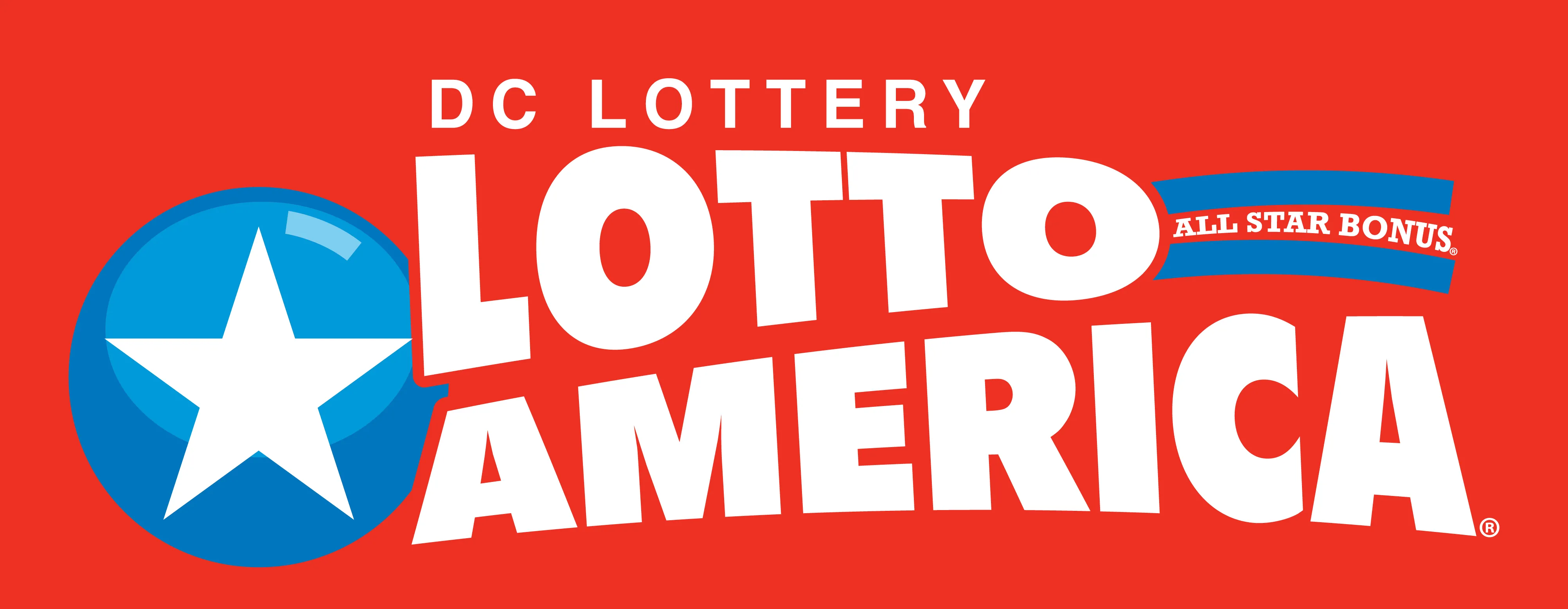 Lotto America logo. Blue circle containing a white star. Text is DC Lottery, Lotto America, All Start Bonus