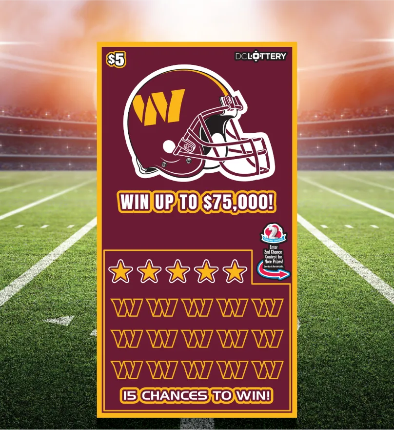 Commanders scratcher ticket with Washington football helmet. Win up to $75,000! 15 chances to win!