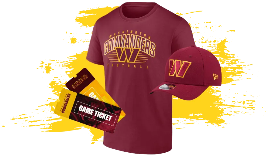 Commanders t-shirt, hat, game tickets.