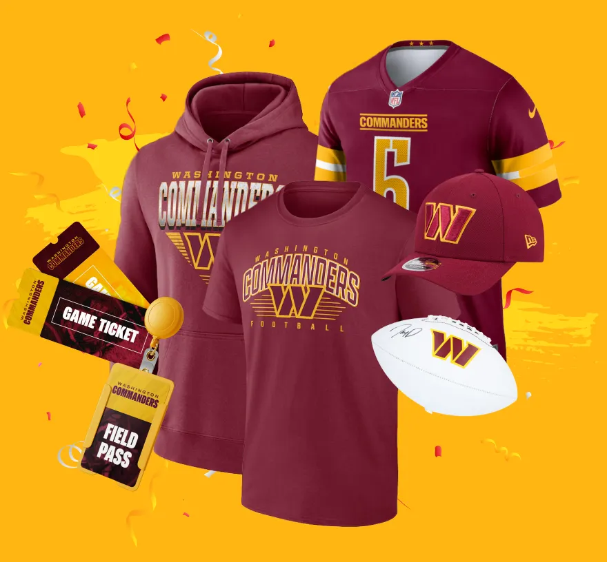 Commanders t-shirt, hoodie, jersey, hat, white football, game tickets, field pass.