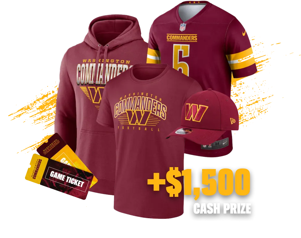 Commanders t-shirt, hoodie, jersey, hat, game tickets. Plus $1,500 cash prize