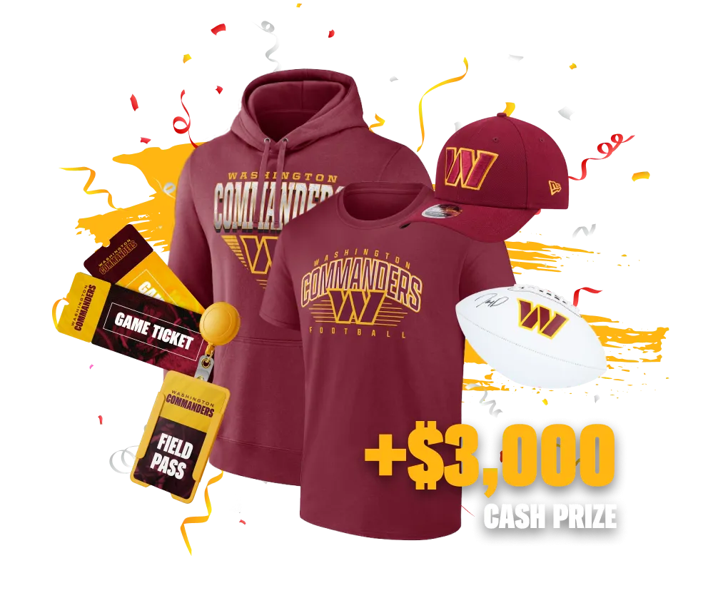 Commanders t-shirt, hoodie, hat, white football, game tickets, field pass. Plus $3,000 cash prize