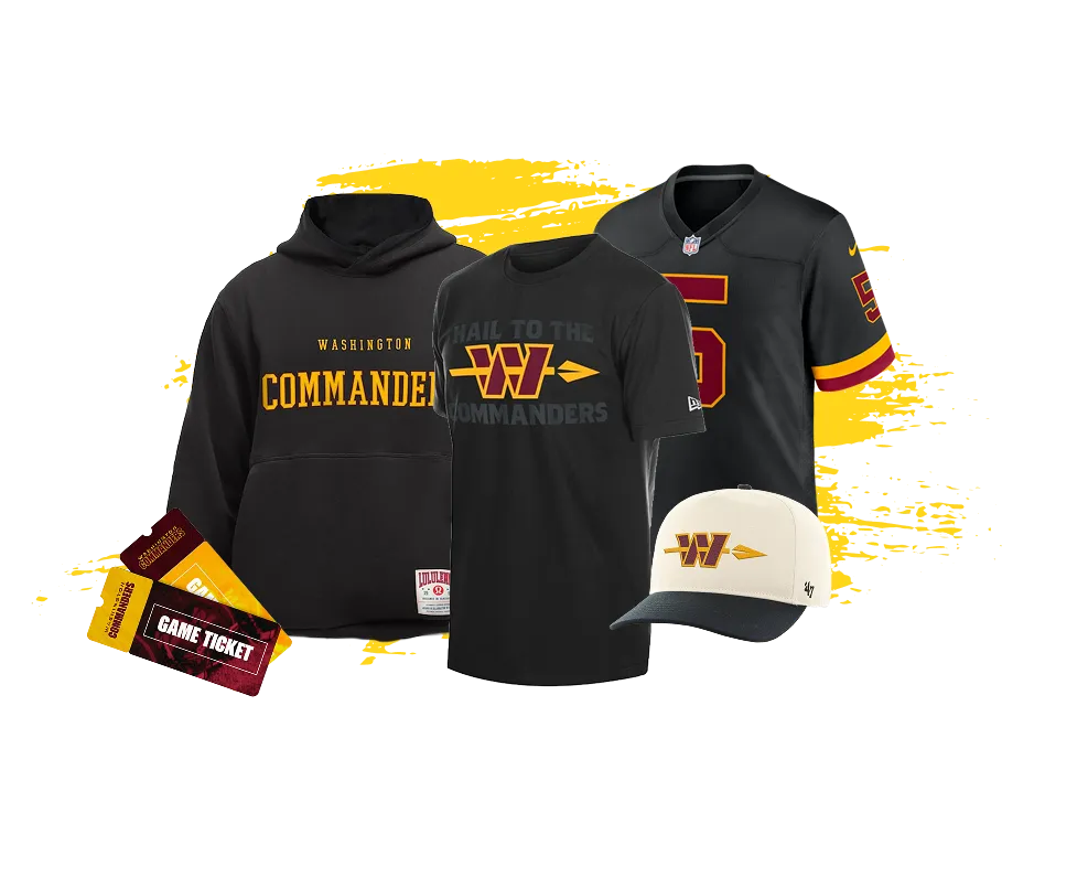 Commanders t-shirt, hoodie, jersey, hat, game tickets.