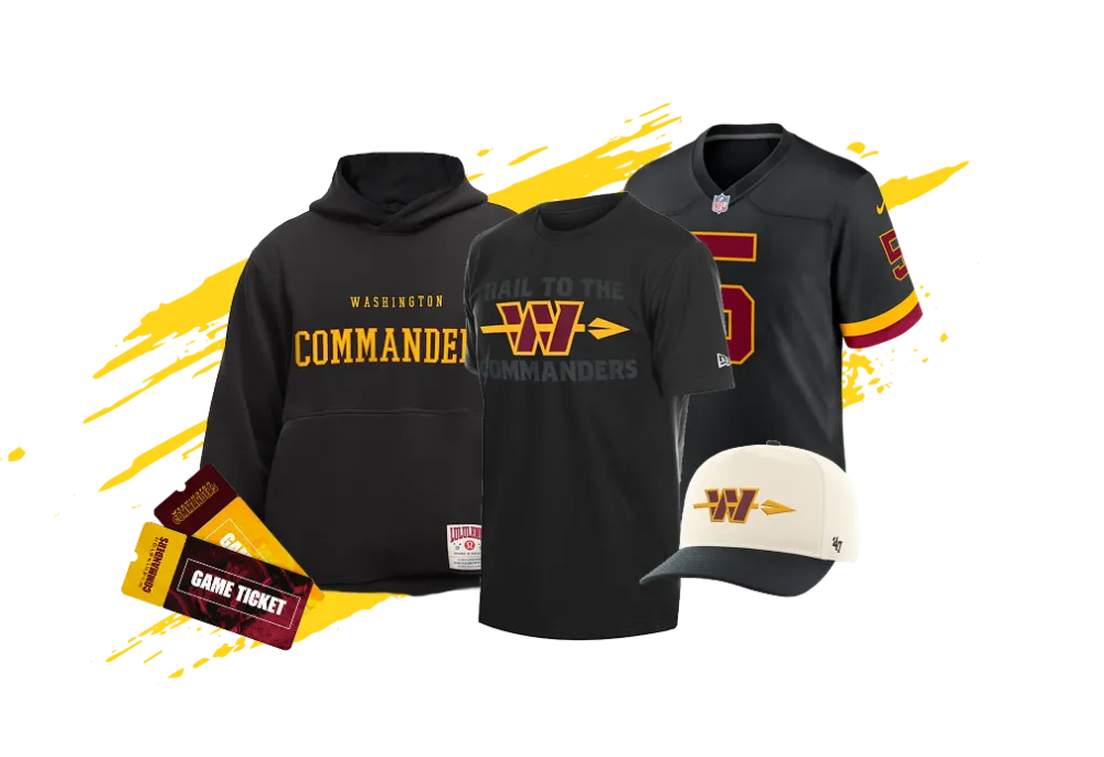 Commanders t-shirt, hoodie, jersey, hat, game tickets.