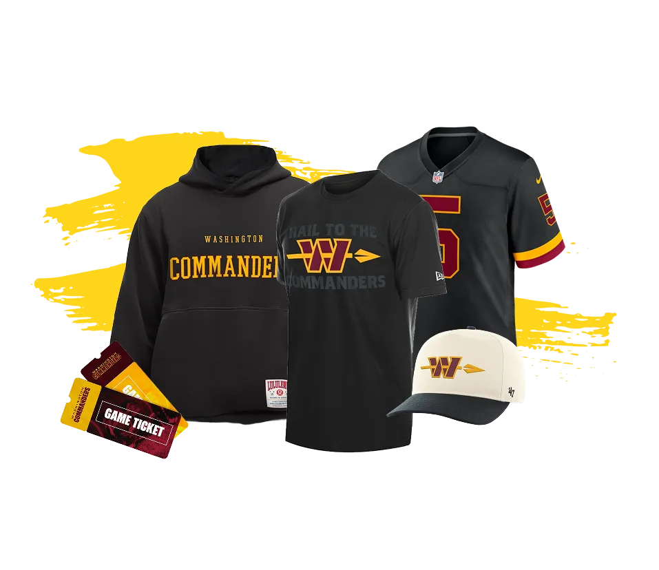Commanders t-shirt, hoodie, jersey, hat, game tickets.