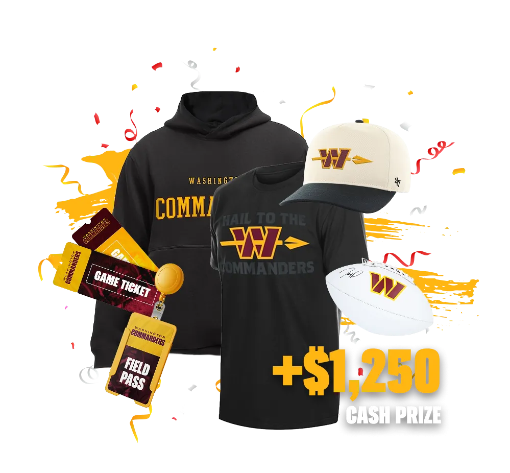 Commanders t-shirt, hoodie, hat, white football, game tickets, field pass. Plus $1,250 cash prize