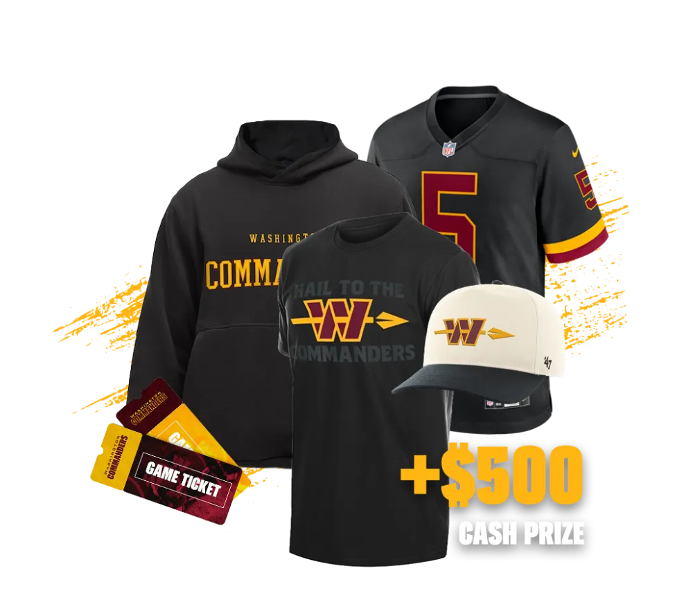 Commanders t-shirt, hoodie, jersey, hat, game tickets. Plus $500 cash prize
