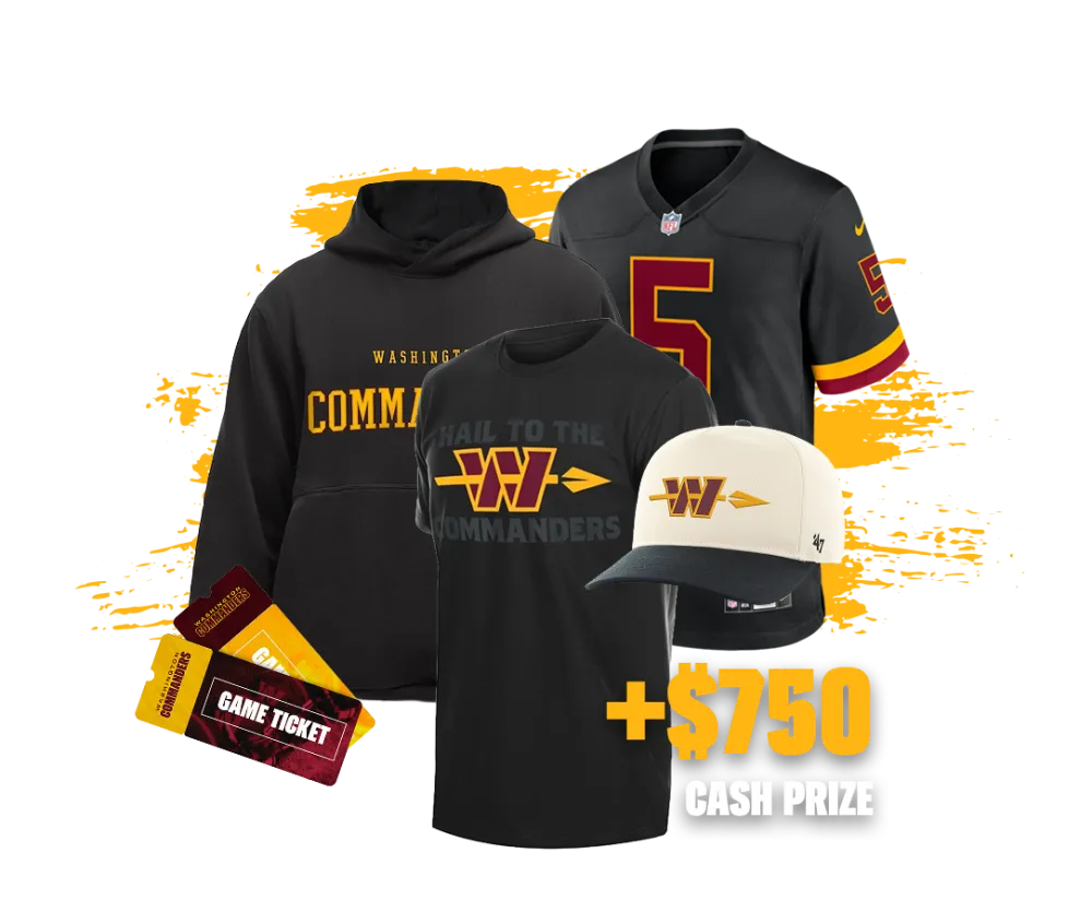 Commanders t-shirt, hoodie, jersey, hat, game tickets. Plus $750 cash prize