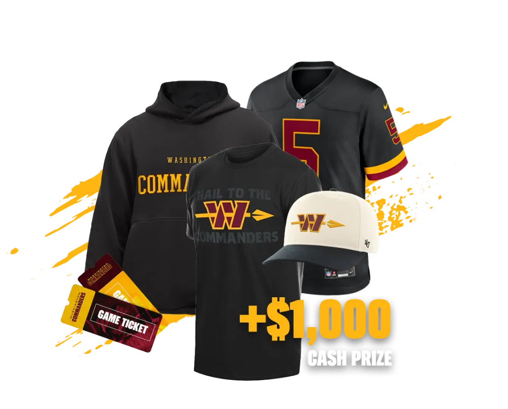 Commanders t-shirt, hoodie, jersey, hat, game tickets. Plus $1,000 cash prize