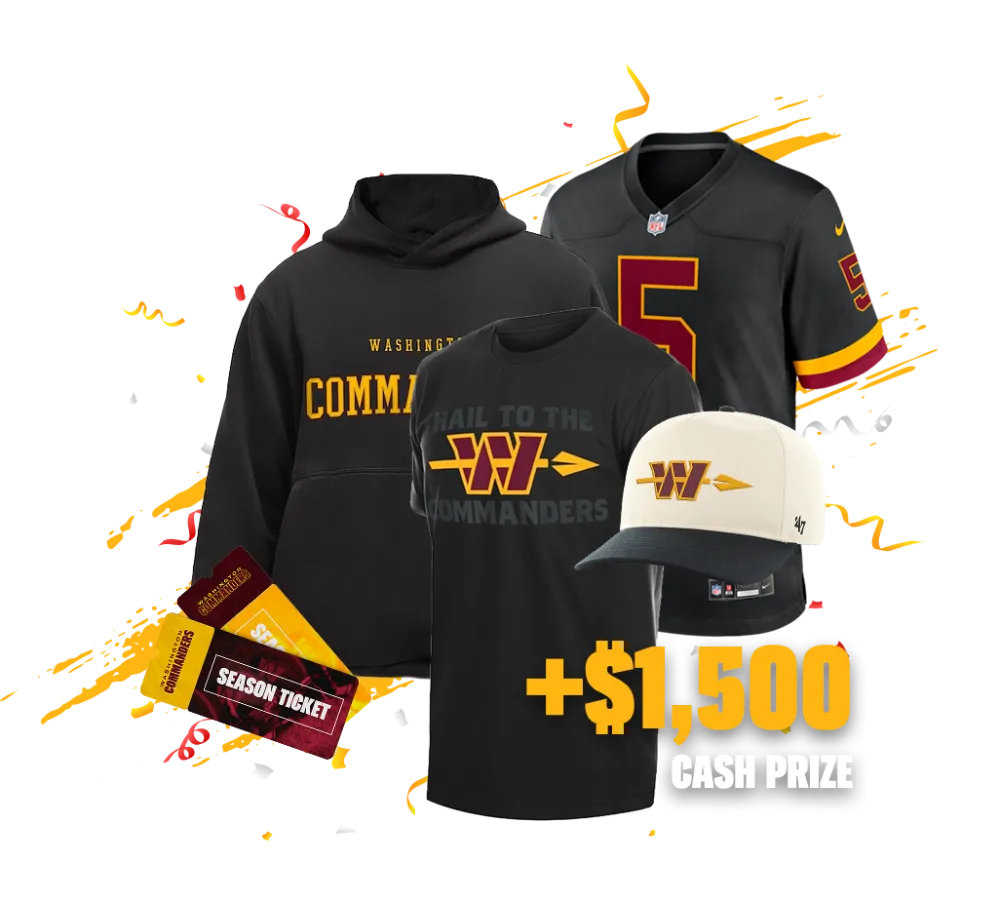 Commanders t-shirt, hoodie, jersey, hat, season tickets. Plus $1,500 cash prize