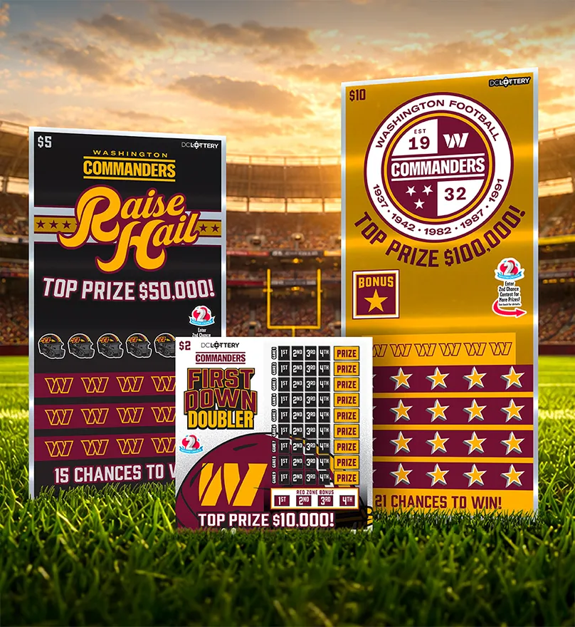 Commanders scratcher tickets. $5 Raise Hail, $2 First Down Doubler, and $10 Washington Commanders