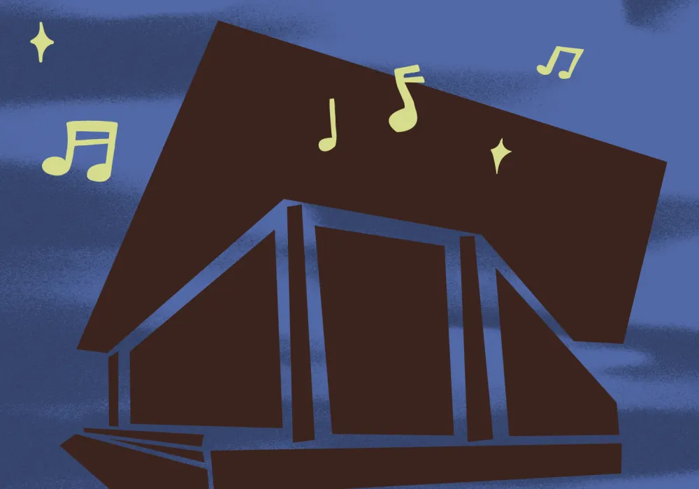 Brown building, blue sky, music notes