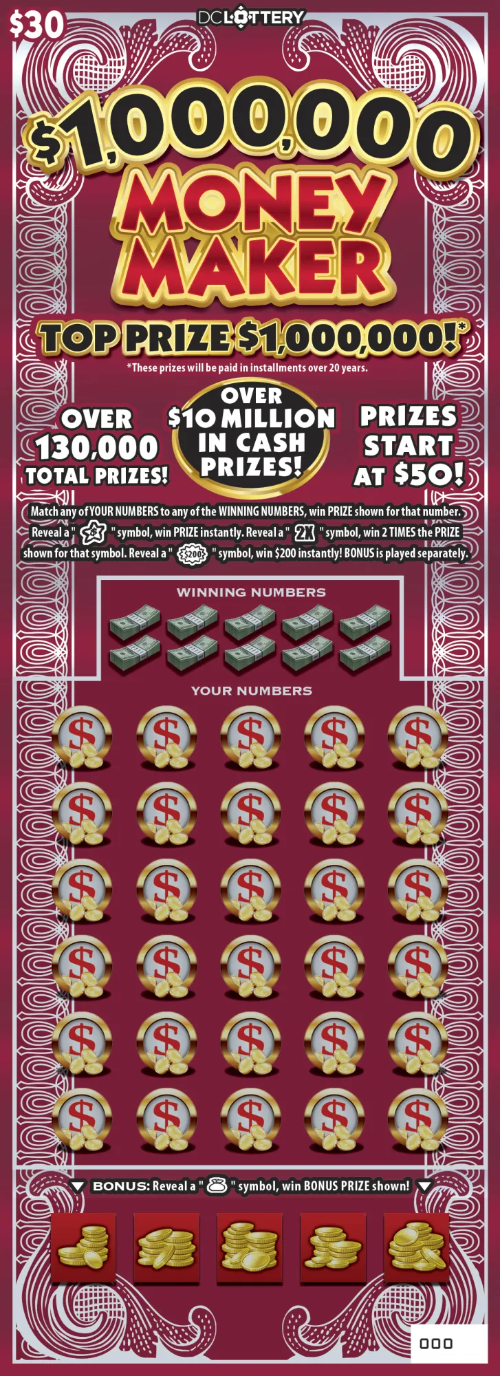 $1,000,000 Money Maker scratcher from Washington DC Lottery