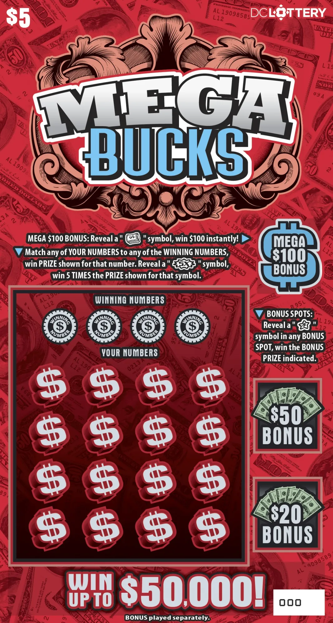 Mega Bucks scratcher from Washington DC Lottery