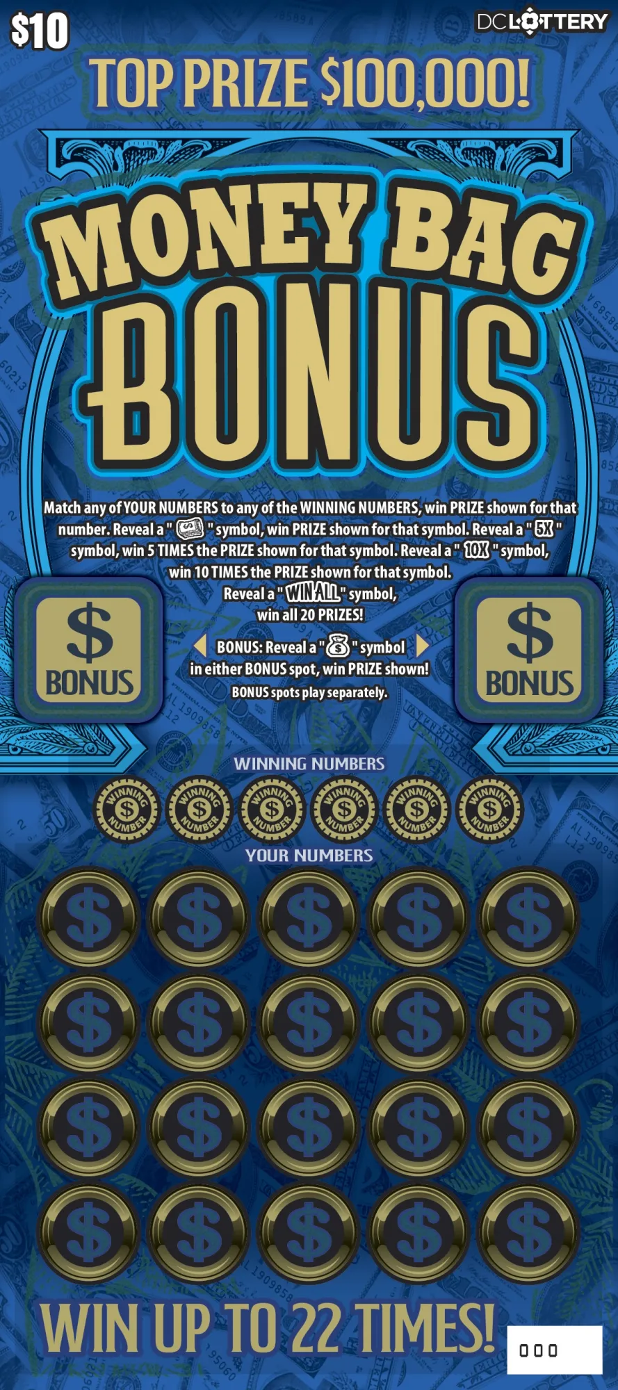 Money Bag Bonus scratcher from Washington DC Lottery