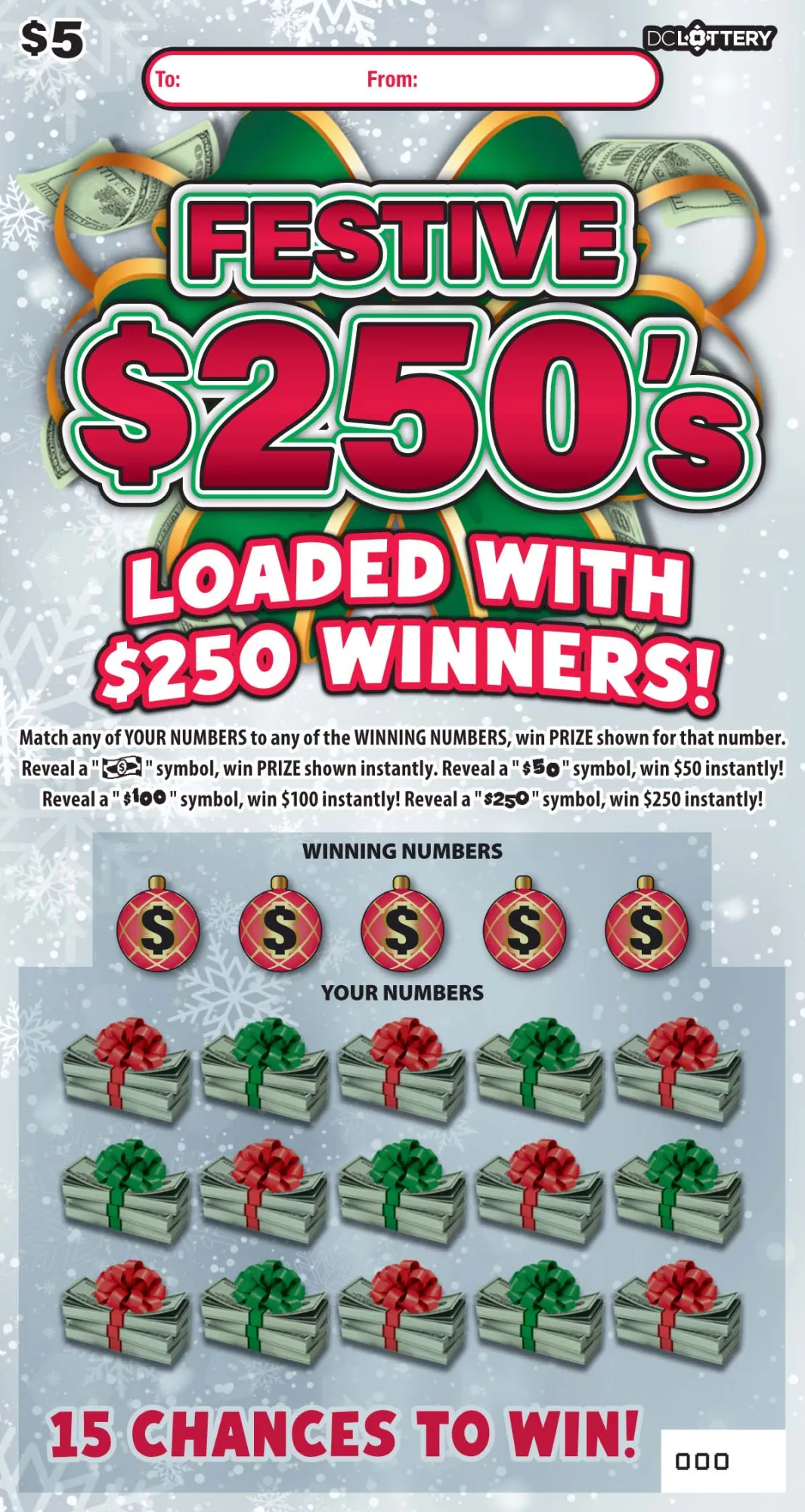 Festive $250's scratcher from Washington DC Lottery