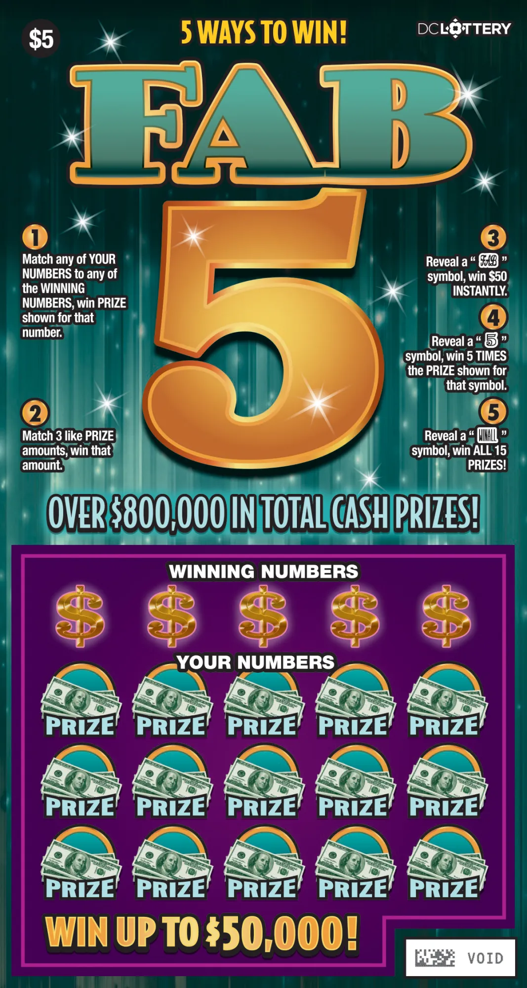 Fab 5 scratcher from Washington DC Lottery