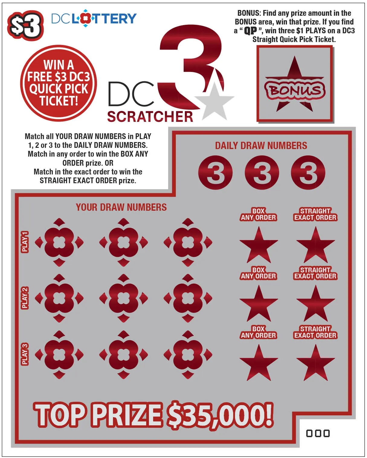 DC 3 Scratcher scratcher from Washington DC Lottery