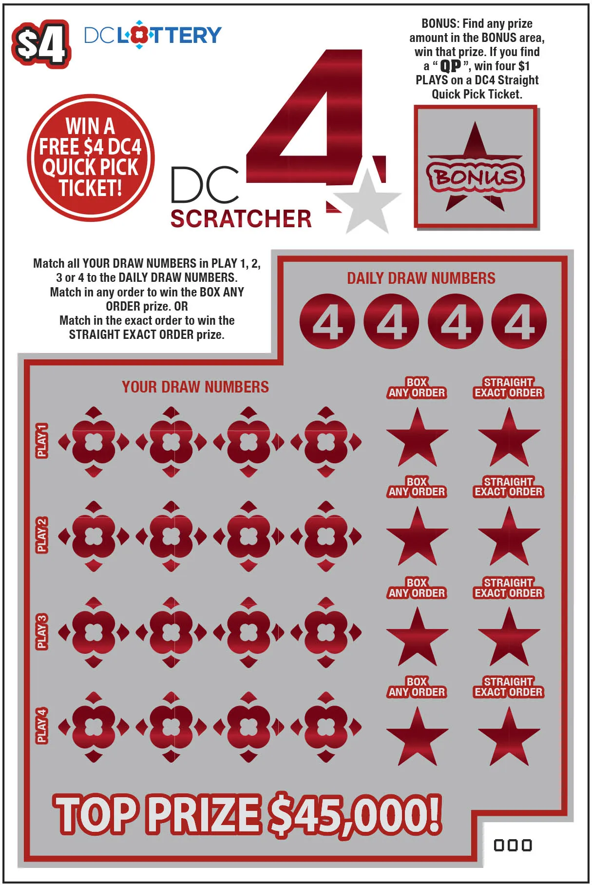 DC 4 Scratcher scratcher from Washington DC Lottery