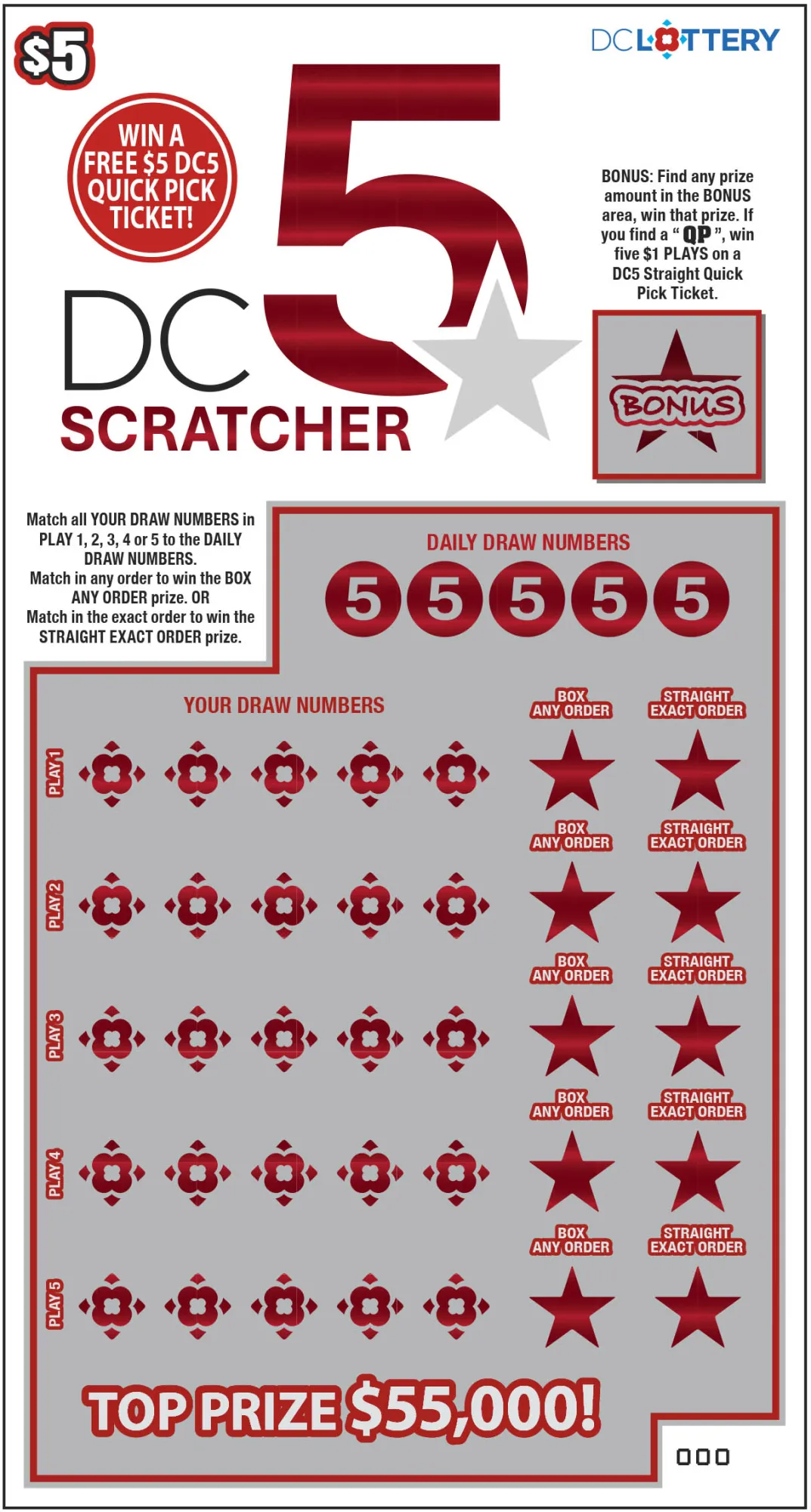 DC 5 Scratcher scratcher from Washington DC Lottery