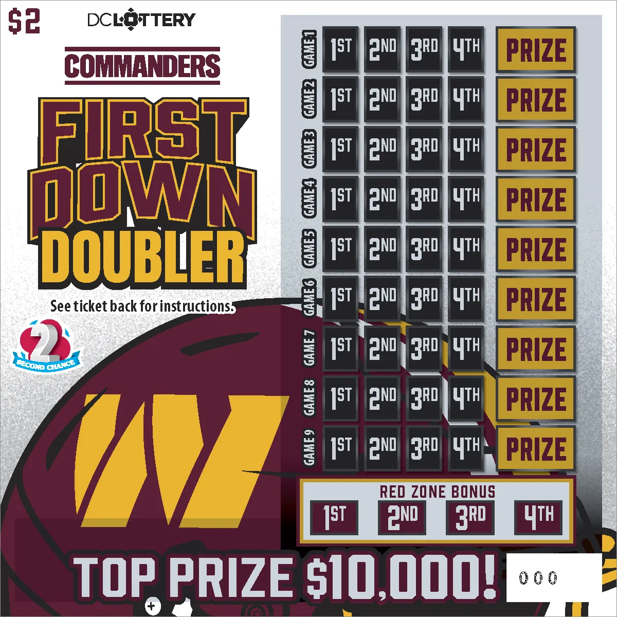 Commanders First Down Doubler scratcher from Washington DC Lottery