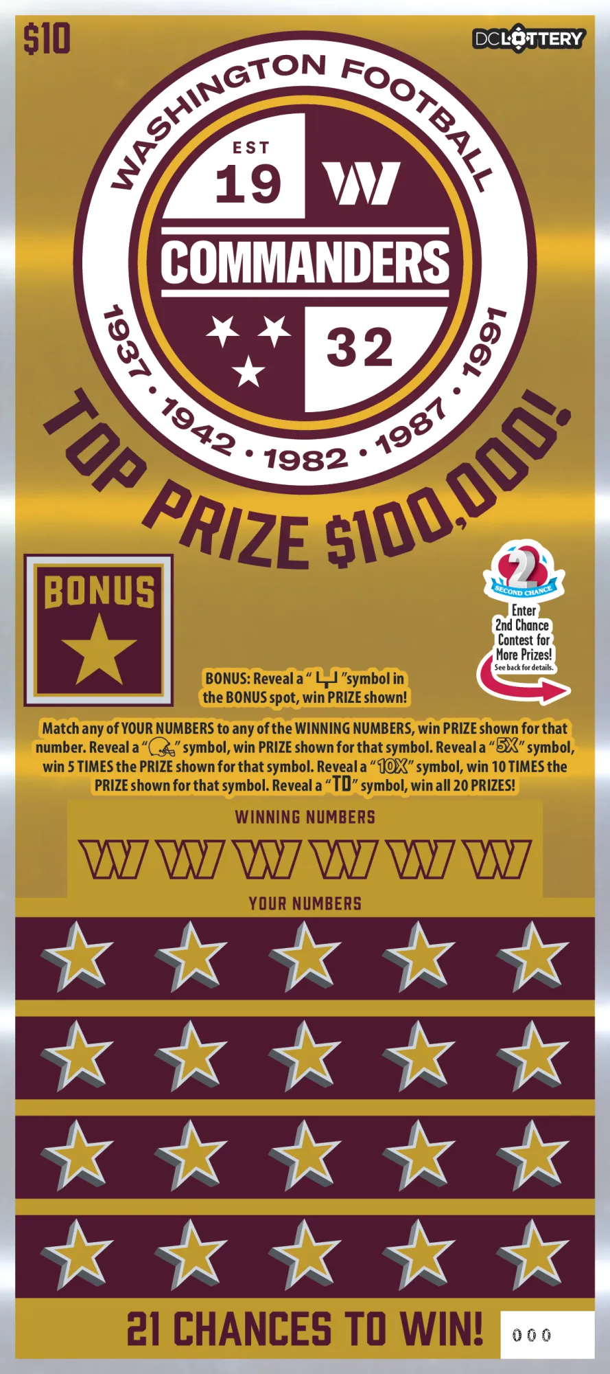 Washington Commanders scratcher from Washington DC Lottery